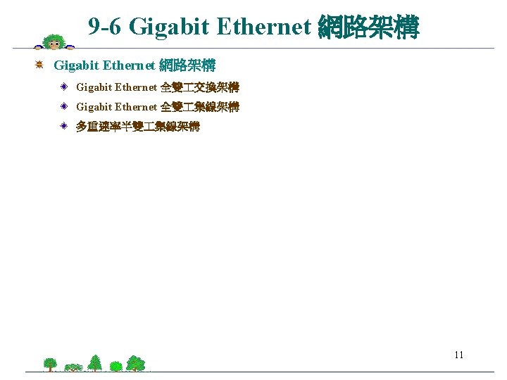 9 -6 Gigabit Ethernet 網路架構 Gigabit Ethernet 全雙 交換架構 Gigabit Ethernet 全雙 集線架構 多重速率半雙