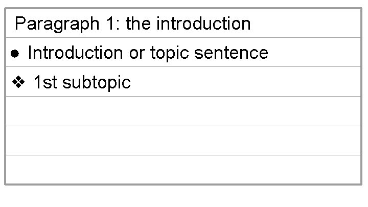 Paragraph 1: the introduction ● Introduction or topic sentence ❖ 1 st subtopic 