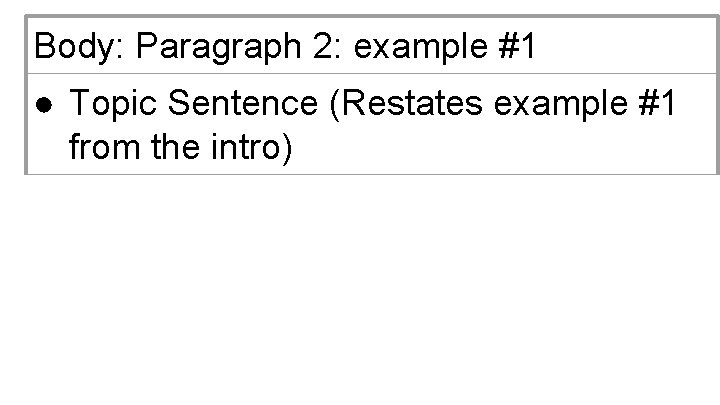 Body: Paragraph 2: example #1 ● Topic Sentence (Restates example #1 from the intro)