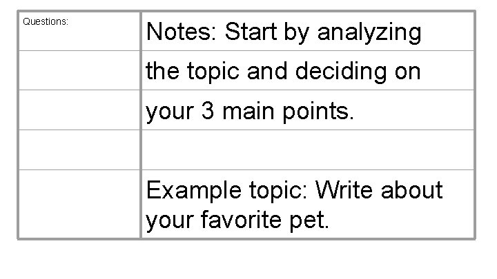 Questions: Notes: Start by analyzing the topic and deciding on your 3 main points.