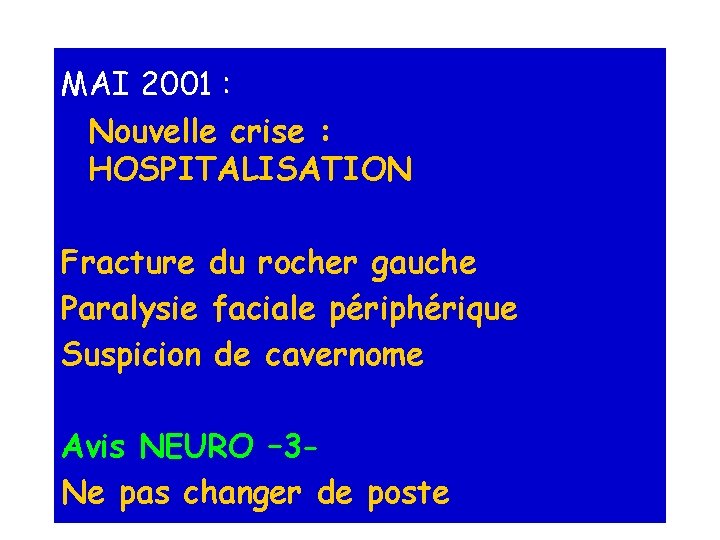MAI 2001 : Nouvelle crise : HOSPITALISATION Fracture du rocher gauche Paralysie faciale périphérique