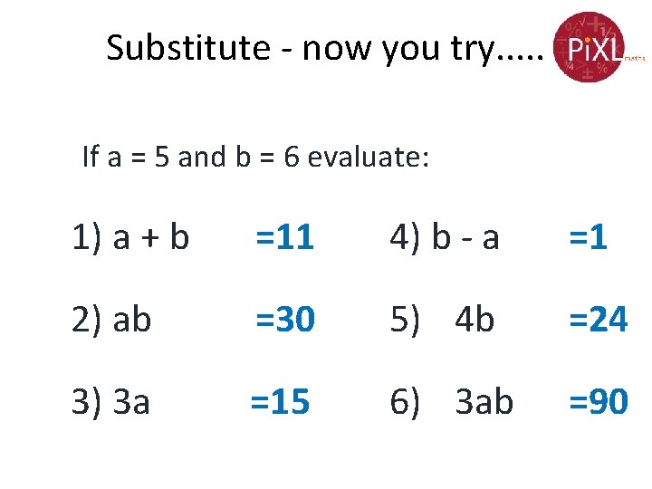 Substitute - now you try. . . If a = 5 and b =