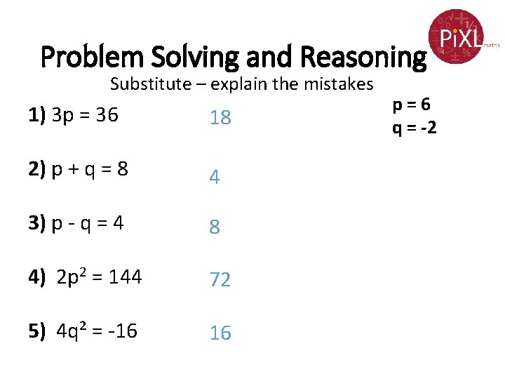 Problem Solving and Reasoning Substitute – explain the mistakes 1) 3 p = 36