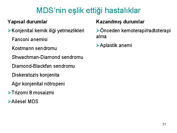 MDS’nin eşlik ettiği hastalıklar Yapısal durumlar Kazanılmış durumlar ØKonjenital kemik iliği yetmezlikleri ØÖnceden kemoterapi/radtoterapi