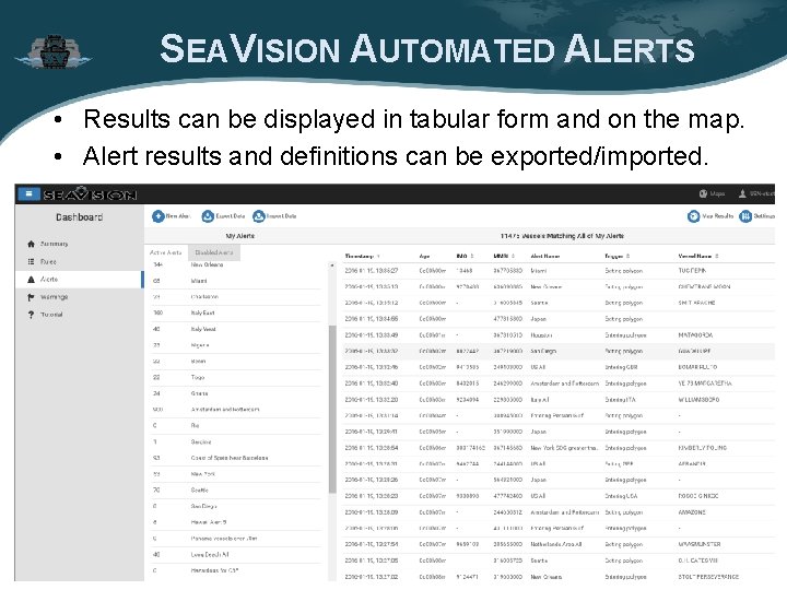 SEAVISION AUTOMATED ALERTS • Results can be displayed in tabular form and on the SEAVISION AUTOMATED ALERTS • Results can be displayed in tabular form and on the