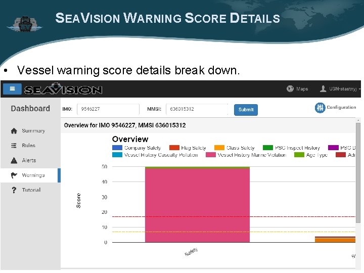 SEAVISION WARNING SCORE DETAILS • Vessel warning score details break down. SEAVISION WARNING SCORE DETAILS • Vessel warning score details break down.