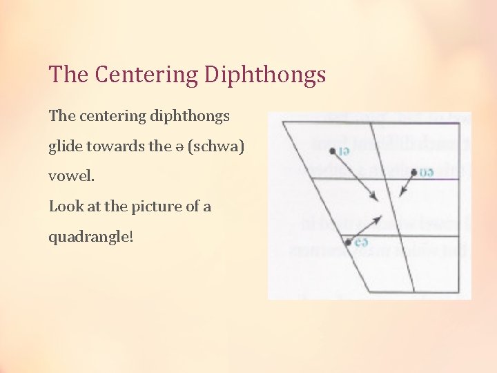 The Centering Diphthongs The centering diphthongs glide towards the ə (schwa) vowel. Look at