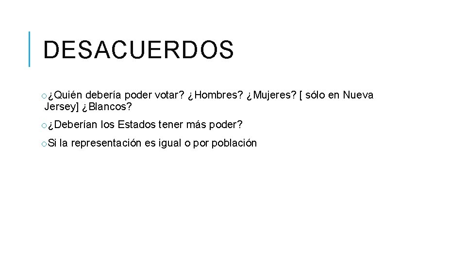 DESACUERDOS o¿Quién debería poder votar? ¿Hombres? ¿Mujeres? [ sólo en Nueva Jersey] ¿Blancos? o¿Deberían