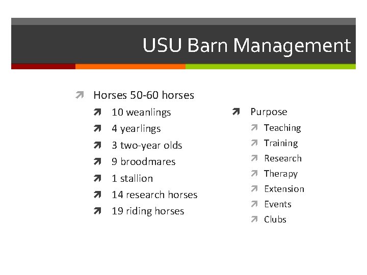 USU Barn Management Horses 50 -60 horses 10 weanlings 4 yearlings 3 two-year olds