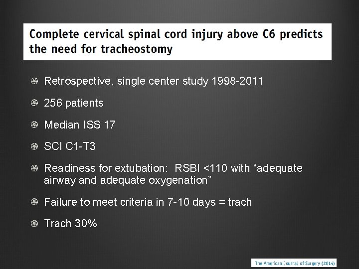 Retrospective, single center study 1998 -2011 256 patients Median ISS 17 SCI C 1