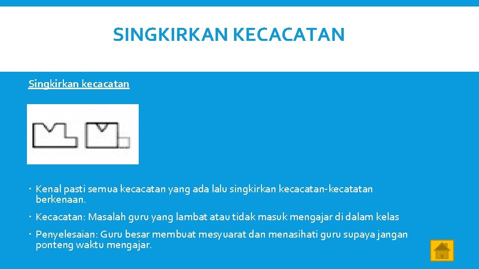 SINGKIRKAN KECACATAN Singkirkan kecacatan Kenal pasti semua kecacatan yang ada lalu singkirkan kecacatan-kecatatan berkenaan.