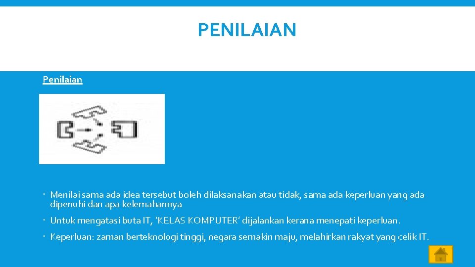 PENILAIAN Penilaian Menilai sama ada idea tersebut boleh dilaksanakan atau tidak, sama ada keperluan