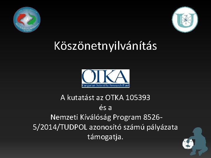 Köszönetnyilvánítás A kutatást az OTKA 105393 és a Nemzeti Kíválóság Program 85265/2014/TUDPOL azonosító számú