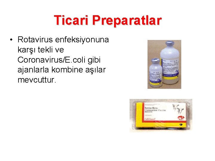 Ticari Preparatlar • Rotavirus enfeksiyonuna karşı tekli ve Coronavirus/E. coli gibi ajanlarla kombine aşılar