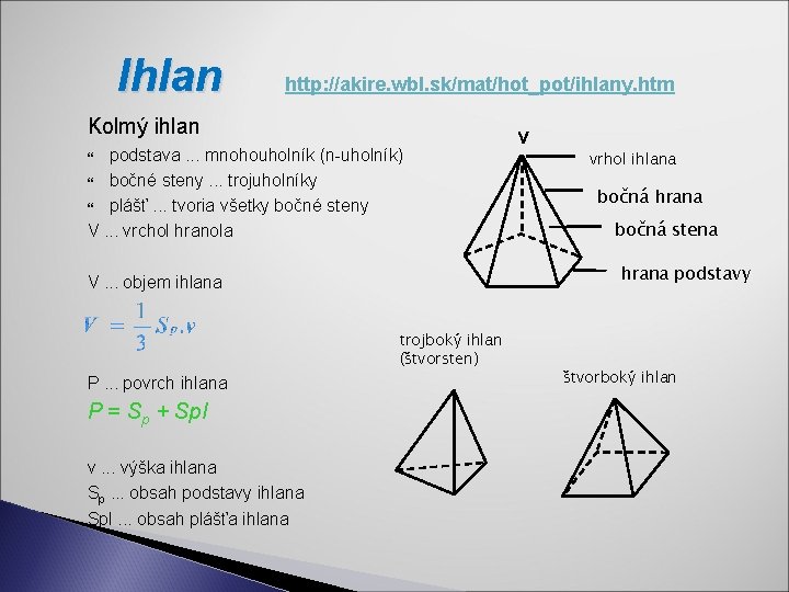 Ihlan http: //akire. wbl. sk/mat/hot_pot/ihlany. htm Kolmý ihlan podstava. . . mnohouholník (n-uholník) bočné