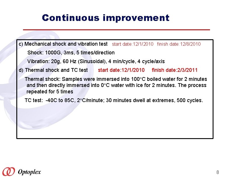 Continuous improvement c) Mechanical shock and vibration test start date: 12/1/2010 finish date: 12/8/2010