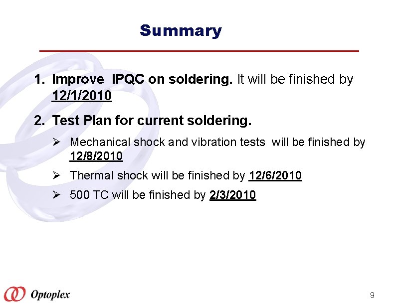 Summary 1. Improve IPQC on soldering. It will be finished by 12/1/2010 2. Test