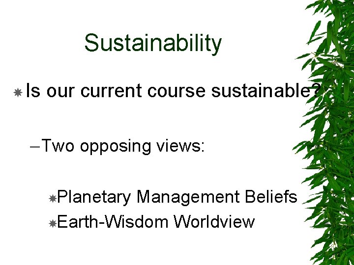 Sustainability Is our current course sustainable? – Two opposing views: Planetary Management Beliefs Earth-Wisdom