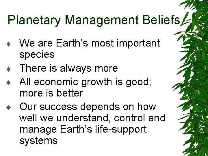 Planetary Management Beliefs We are Earth’s most important species There is always more All