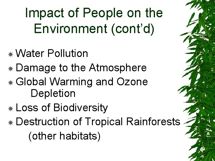 Impact of People on the Environment (cont’d) Water Pollution Damage to the Atmosphere Global