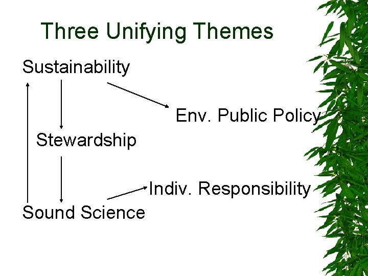 Three Unifying Themes Sustainability Env. Public Policy Stewardship Indiv. Responsibility Sound Science 