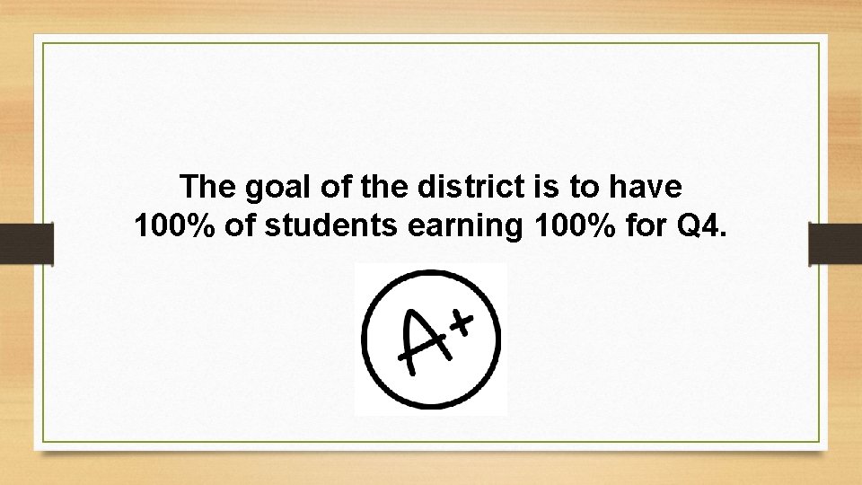 The goal of the district is to have 100% of students earning 100% for