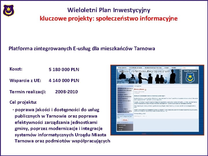 Wieloletni Plan Inwestycyjny kluczowe projekty: społeczeństwo informacyjne Platforma zintegrowanych E-usług dla mieszkańców Tarnowa Koszt: