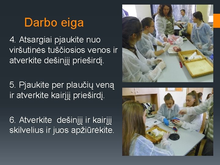 Darbo eiga 4. Atsargiai pjaukite nuo viršutinės tuščiosios venos ir atverkite dešinįjį prieširdį. 5.