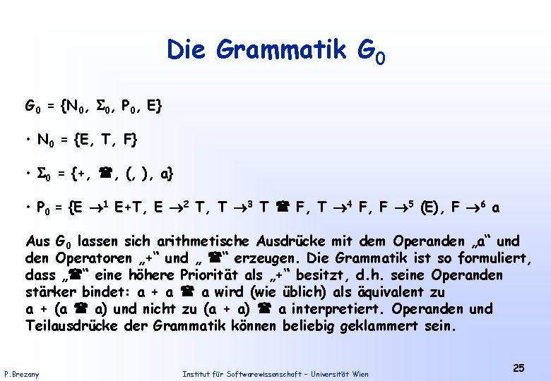 Die Grammatik G 0 = {N 0, P 0, E} • N 0 =