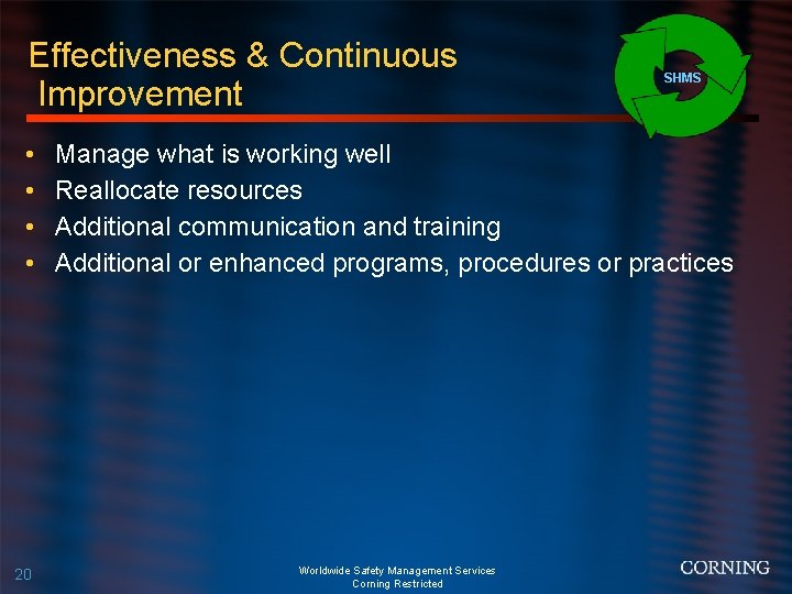 Effectiveness & Continuous Improvement • • 20 SHMS Manage what is working well Reallocate