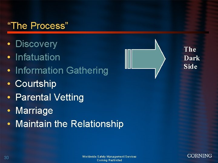 “The Process” • • 30 Discovery Infatuation Information Gathering Courtship Parental Vetting Marriage Maintain