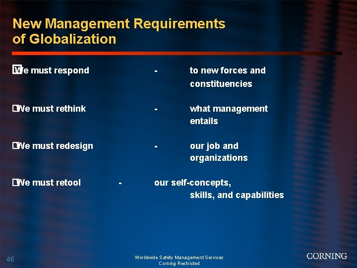 New Management Requirements of Globalization � We must respond - to new forces and