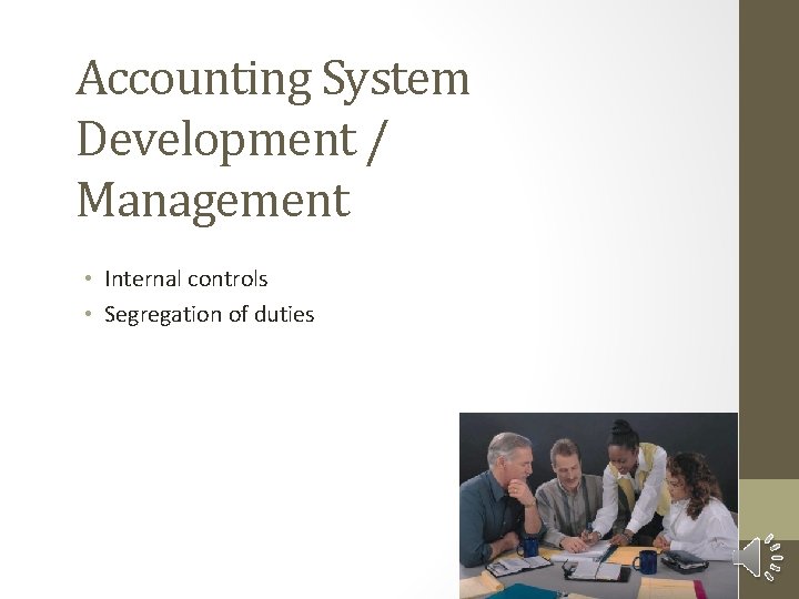 Accounting System Development / Management • Internal controls • Segregation of duties 