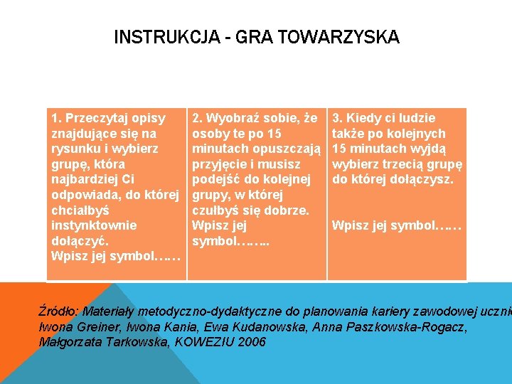 INSTRUKCJA - GRA TOWARZYSKA 1. Przeczytaj opisy znajdujące się na rysunku i wybierz grupę,