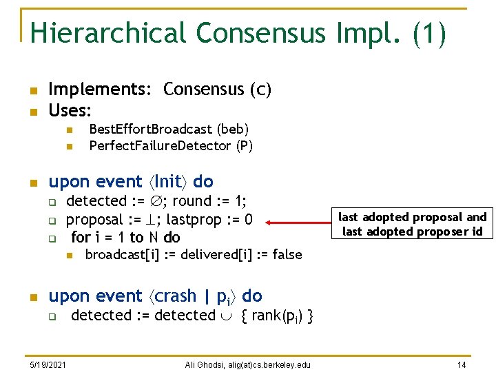 Hierarchical Consensus Impl. (1) n n Implements: Consensus (c) Uses: n n n upon