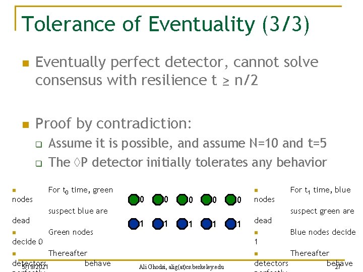 Tolerance of Eventuality (3/3) n n Eventually perfect detector, cannot solve consensus with resilience