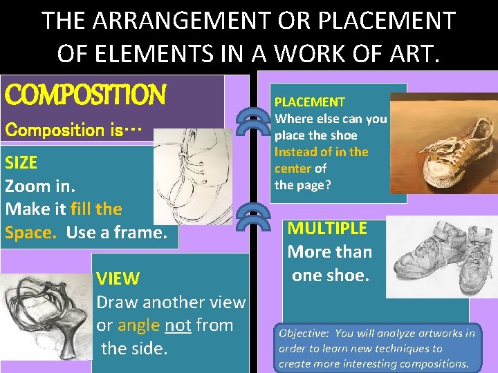 THE ARRANGEMENT OR PLACEMENT OF ELEMENTS IN A WORK OF ART. COMPOSITION Composition is…
