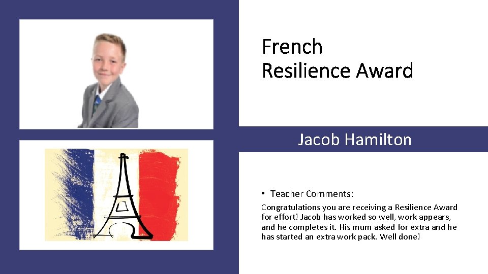 French Resilience Award Jacob Hamilton • Teacher Comments: Congratulations you are receiving a Resilience