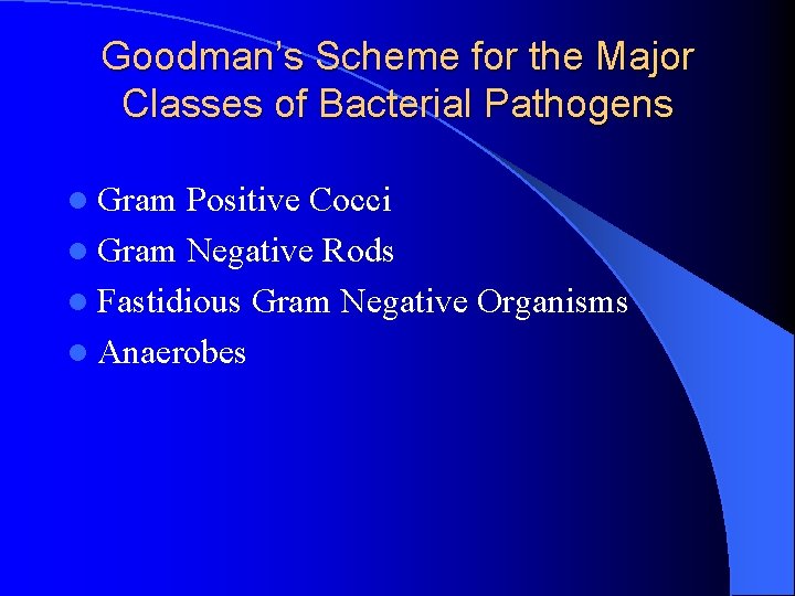 Goodman’s Scheme for the Major Classes of Bacterial Pathogens l Gram Positive Cocci l