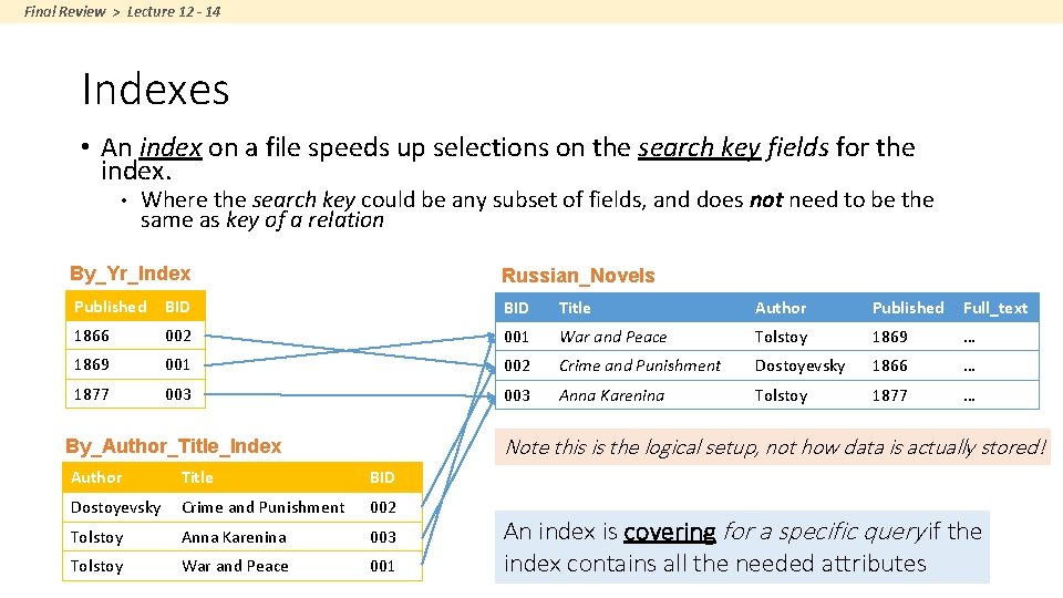 Final Review > Lecture 12 - 14 Indexes • An index on a file