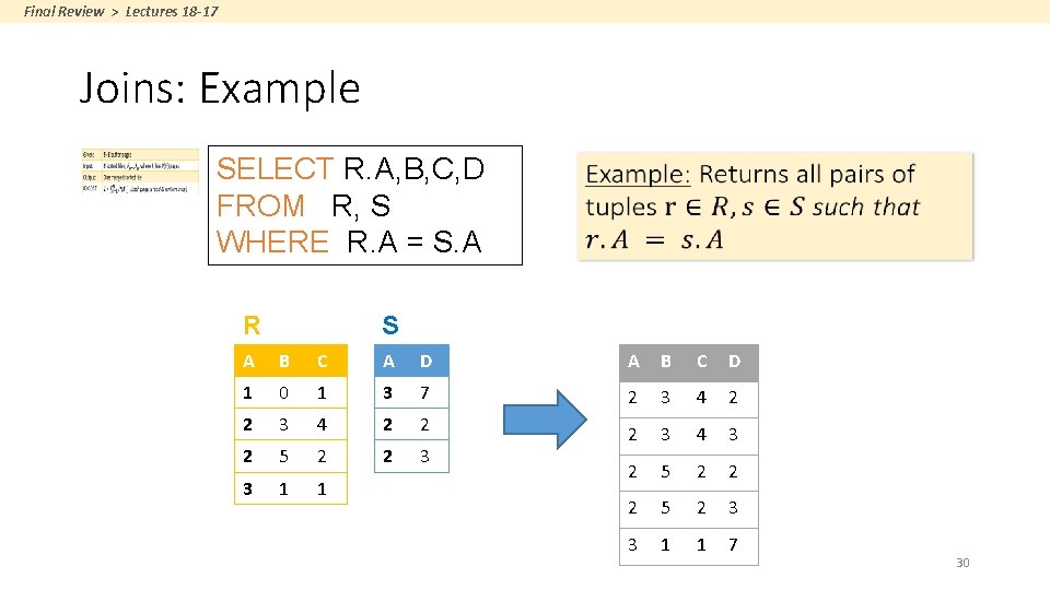 Final Review > Lectures 18 -17 Joins: Example SELECT R. A, B, C, D