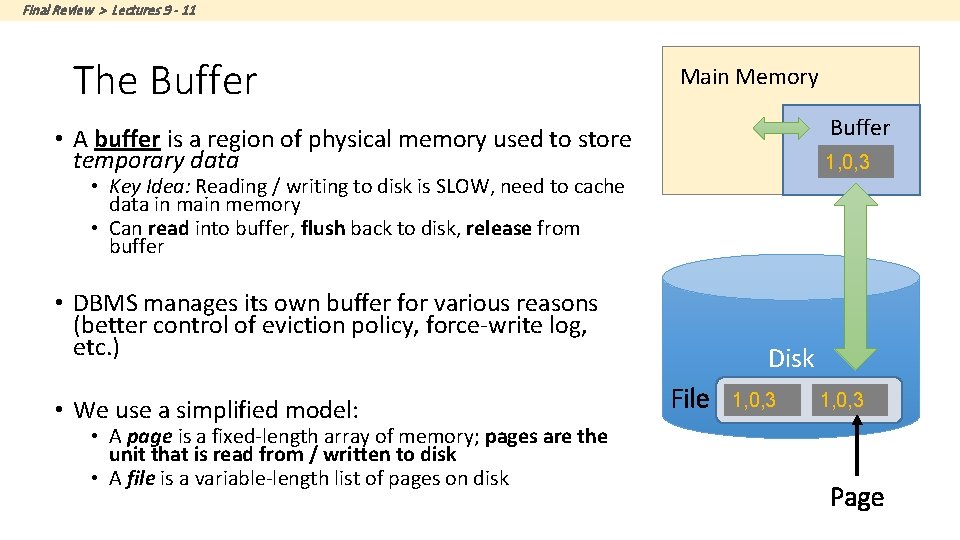 Final Review > Lectures 9 - 11 The Buffer Main Memory Buffer • A