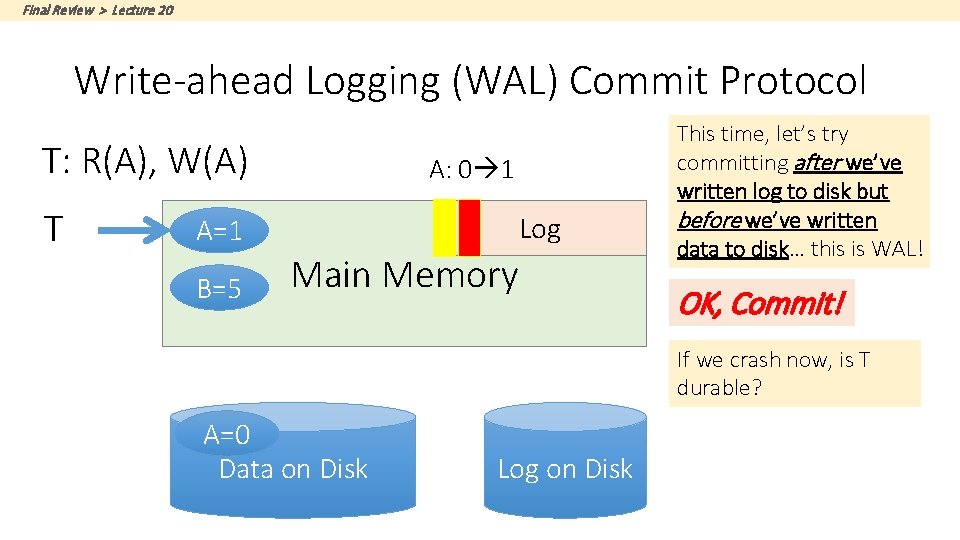Final Review > Lecture 20 Write-ahead Logging (WAL) Commit Protocol T: R(A), W(A) T