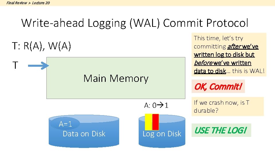Final Review > Lecture 20 Write-ahead Logging (WAL) Commit Protocol T: R(A), W(A) T