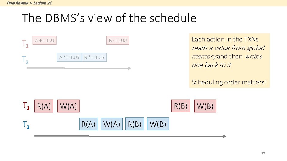 Final Review > Lecture 21 The DBMS’s view of the schedule T 1 T