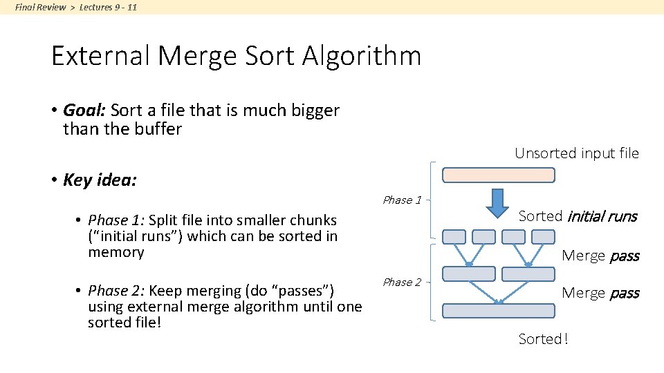 Final Review > Lectures 9 - 11 External Merge Sort Algorithm • Goal: Sort