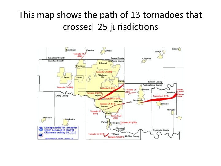 This map shows the path of 13 tornadoes that crossed 25 jurisdictions 