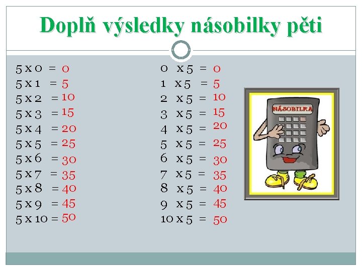 Doplň výsledky násobilky pěti 5 x 0 = 0 5 x 1 = 5