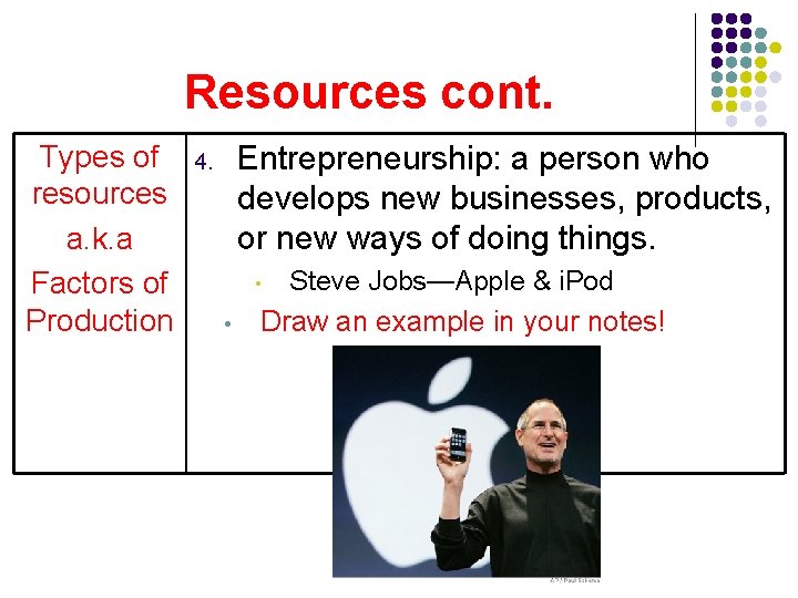 Resources cont. Types of resources a. k. a Factors of Production Entrepreneurship: a person