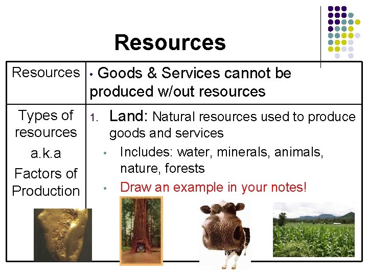 Resources • Types of resources a. k. a Factors of Production 1. Goods &